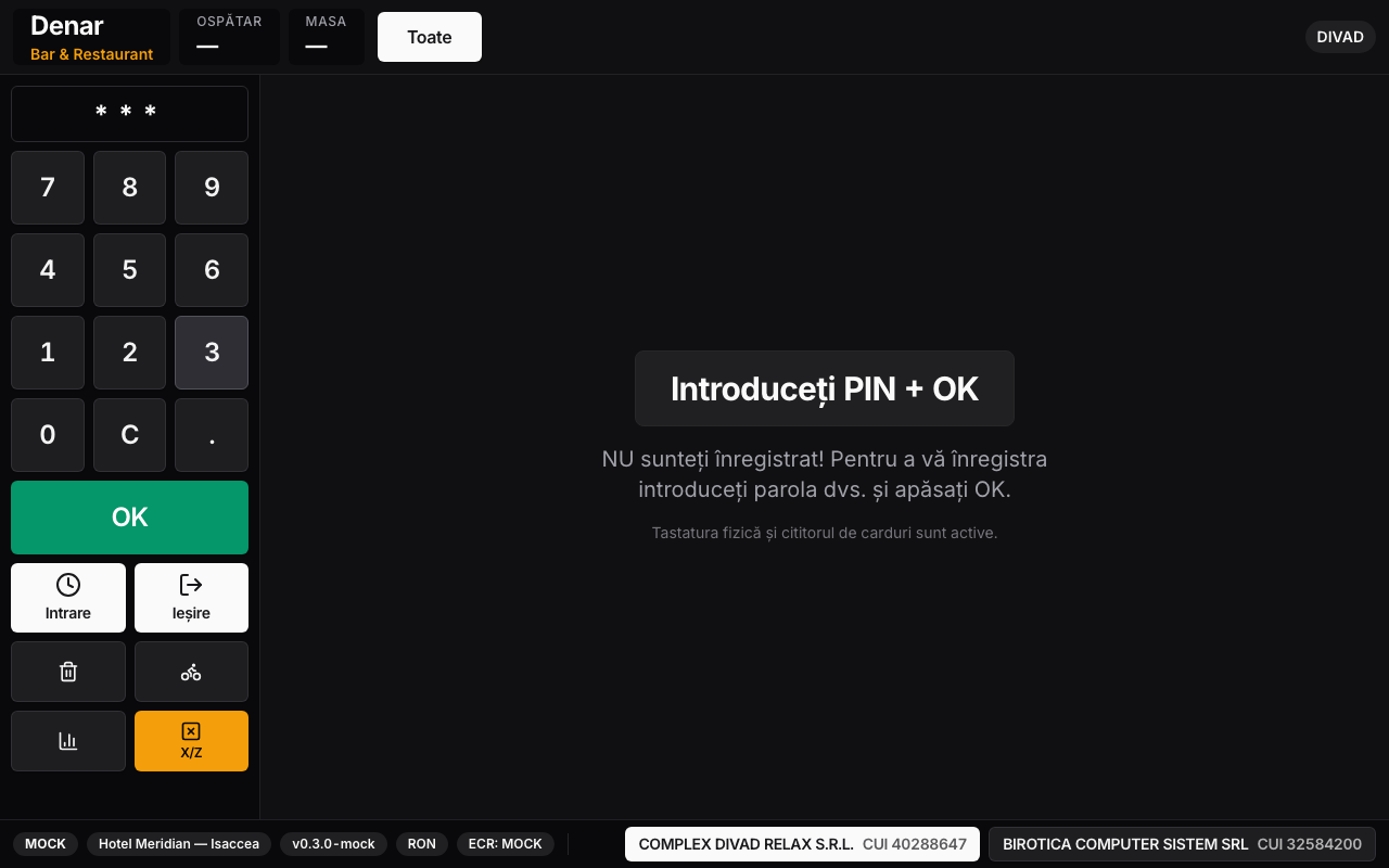 Ecran de login cu PIN al aplicației Denar
